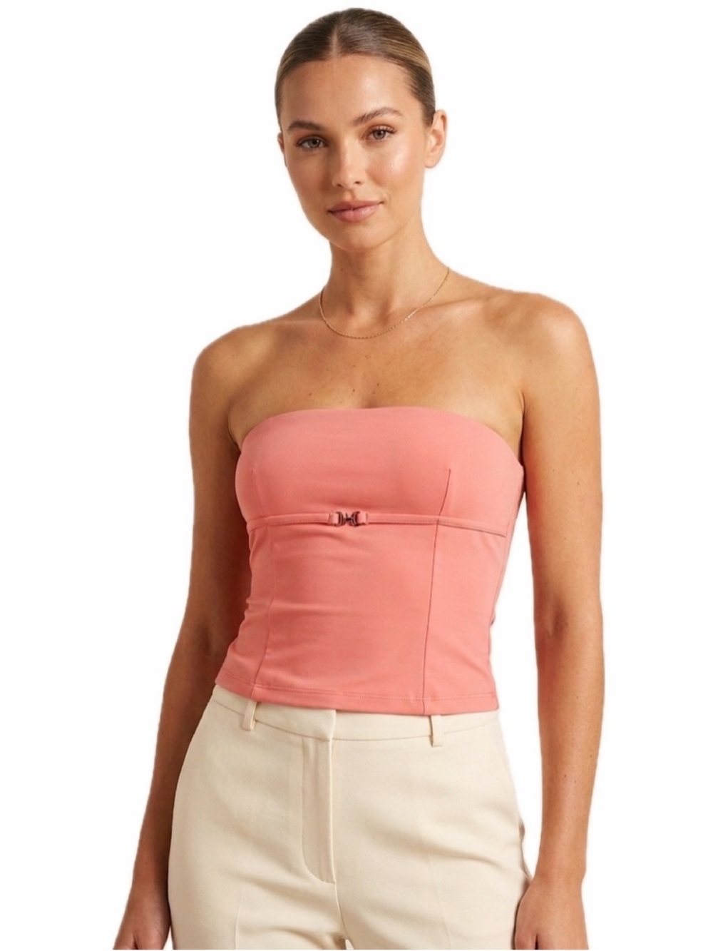 Pink Rose Strapless Coral  Tube Top with Front Bow Detail